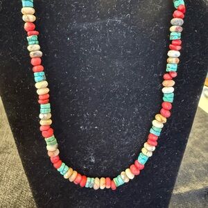 Vintage Chunky Turquoise Coral Agate Stone Bead Necklace - Toggle Clasp